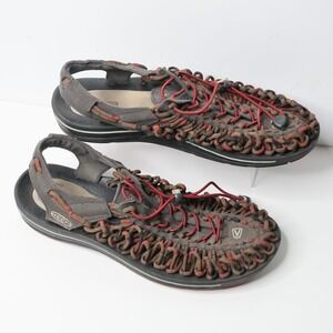 KEEN Uneek Mens 11.5 Sandals Gray Red Corded Lace Up Outdoor Shoes 1014620